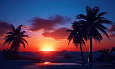 Naklejka premium silhouette of palm trees against a summer sunset background