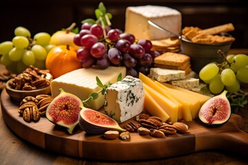 Elegant cheese platter with assorted fruits, nuts, and crackers.