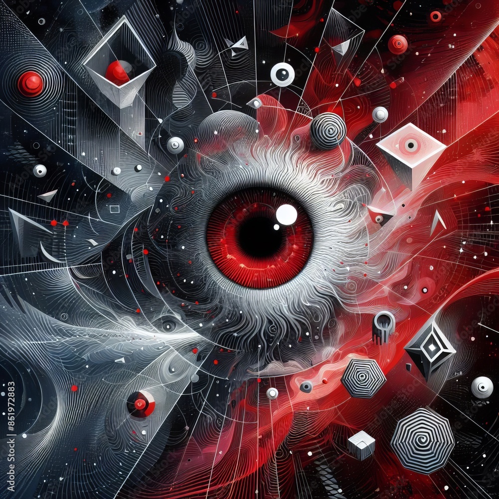 Poster stunning abstract digital artwork with a central red eye surrounded by intricate geometric shapes an