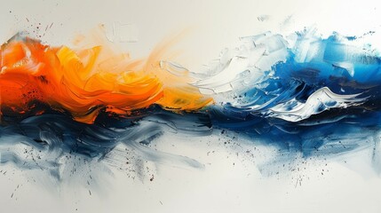 Design of modern abstract oil painting with orange, gold, blue, and white colors on a black...