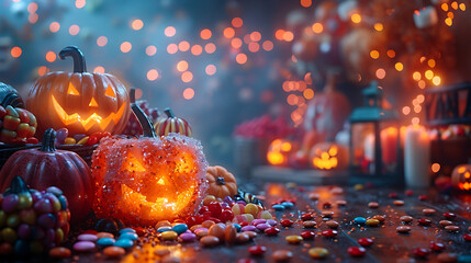  A spooky Halloween night with a table full of colorful sweets and eerie lights.