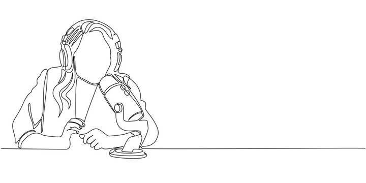 recommend clip art: woman with over-ear headphones and professional microphone reads sheet of paper while sitting at table - one line art vector. concept to record podcast, live radio presenter