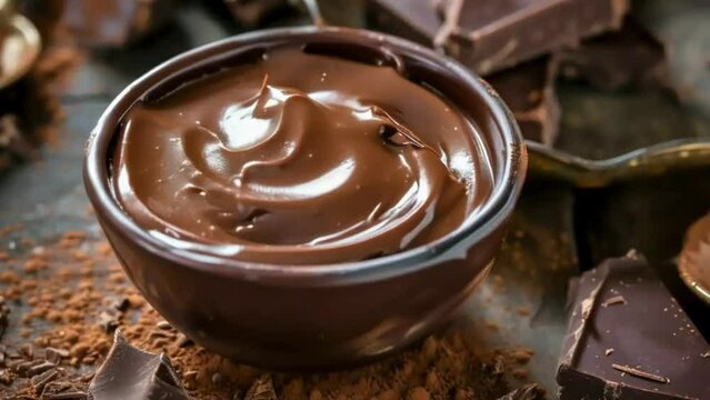 chocolate pudding, chocolate pudding in cups with cherries, desserts, calming, ambient, asmr, food recipes, seamless looping, 4k video animation	