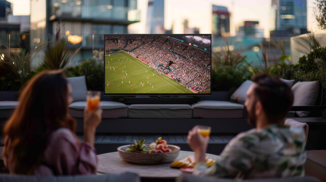 Friends enjoying sports and drinks on a modern patio at sunset. Watch sports with friends on a trendy terrace, enjoying urban sunset vibes.