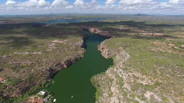 Aerial view of Xing&oacute; C&acirc;nions, formed by the flooding of the Talhado Canyon by waters from the reservoir of the Xing&oacute; Hydroelectric Plant, S&atilde;o Francisco River - Delmiro Gouveia, Alagoas, Brazil