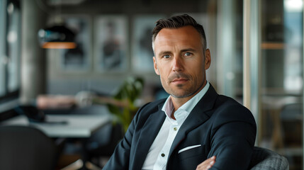 Fototapeta premium Businessman is posing in his office, conveying an impression of confidence and success