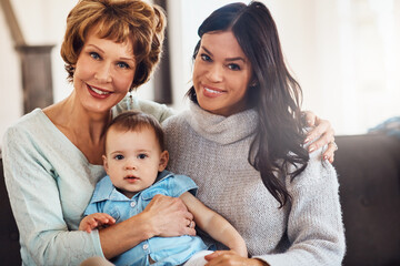 Mother, baby and grandmother portrait on sofa with love, care or bonding with safety, security or protection at home. Family, generations or kid with mom, grandma and happy in living room together