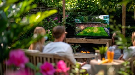 Friends watching soccer with BBQ in a modern, lush backyard. Gather with friends for a stylish backyard BBQ and soccer game.