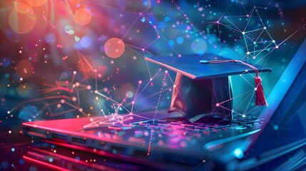 The digital age transforms education with online courses and e-learning, set against a background that merges technology with traditional learningq