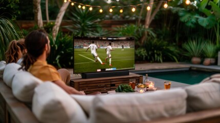 Friends watching soccer with BBQ in a modern, lush backyard. Gather with friends for a stylish backyard BBQ and soccer game.