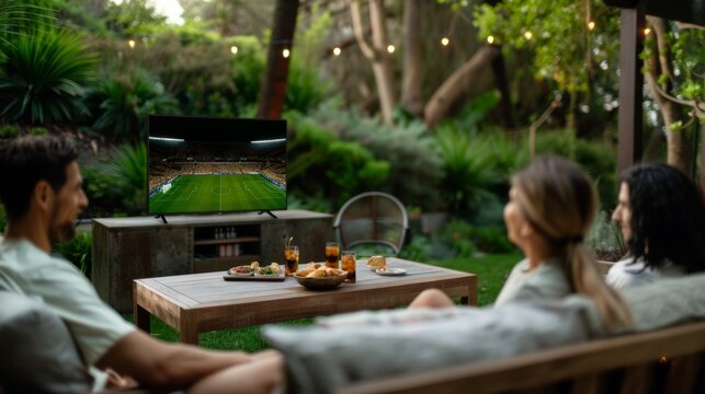 Friends watching soccer with BBQ in a modern, lush backyard. Gather with friends for a stylish backyard BBQ and soccer game.