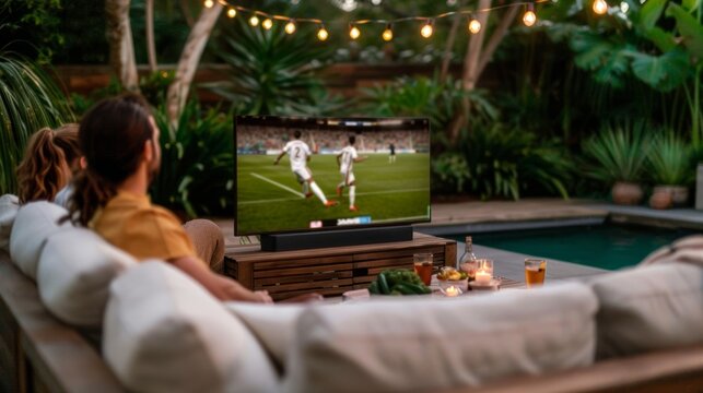 Friends watching soccer with BBQ in a modern, lush backyard. Gather with friends for a stylish backyard BBQ and soccer game.