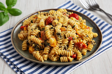Homemade Baked Boursin Pasta on a Plate, side view.