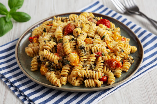 Homemade Baked Boursin Pasta on a Plate, side view.