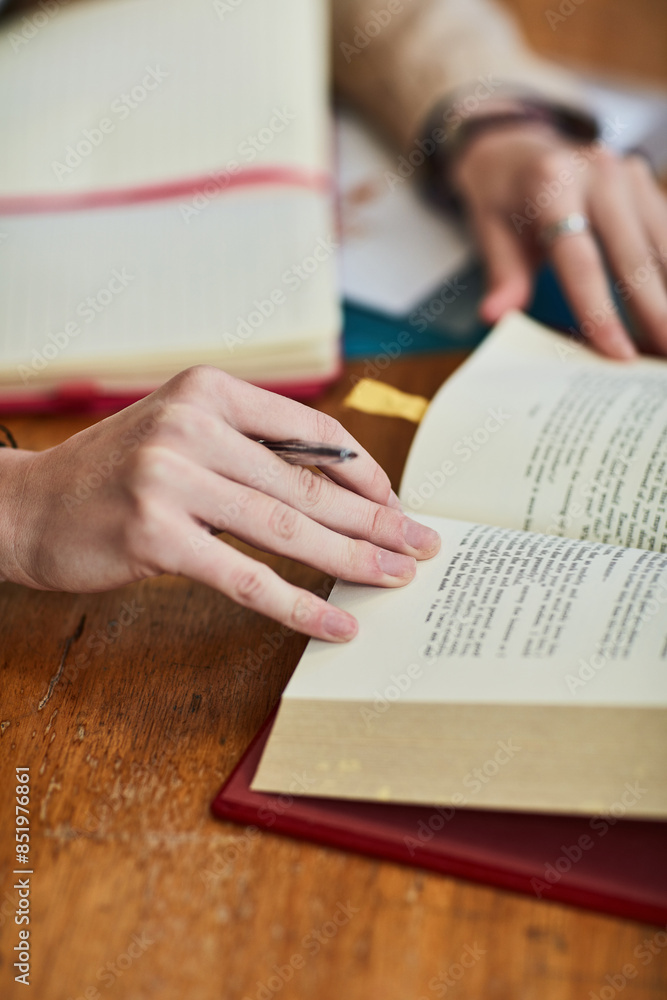 Poster hands, person and books for studying at college in library for education, development and ready for 