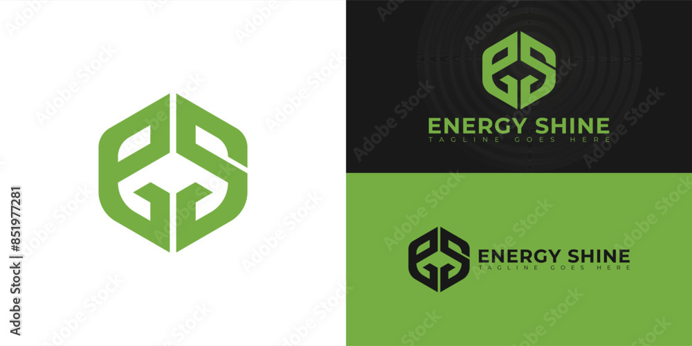 Poster abstract initial hexagon letters es or se logo in green color isolated on multiple background colors
