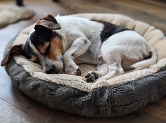Jack Russell Terrier sleeping on a soft pillow in the living room