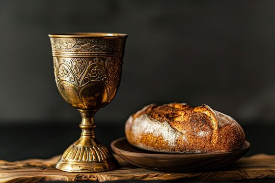 A loaf of bread and a chalice on a dark background