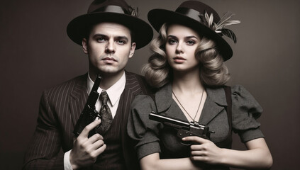 An image of a young couple in retro style from the 20s to the 40s, with pistols in their hands and hats on their heads, they look like gangsters, robbers, secret agents or detective characters