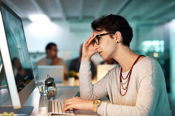 Business woman, headache and planning in stress, anxiety and thinking by work computer. Burnout, tired employee and worker pain with fatigue from deadline, online research and digital report