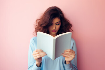Woman Smiling Behind Open Book on pink Background. World book day, International literacy day, concept of education and learning. Generative ai.