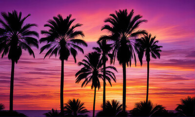silhouette of palm trees against a summer sunset background