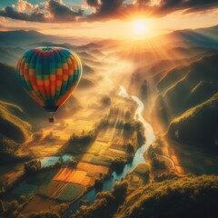 Obraz premium A vibrant hot air balloon floats gracefully over a scenic mountain valley at sunrise. The sunlight streams through the clouds, illuminating the winding river and patchwork fields below, creating a