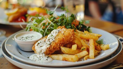 Plate of food consisting of breaded fish, fries, and a side salad with a creamy sauce