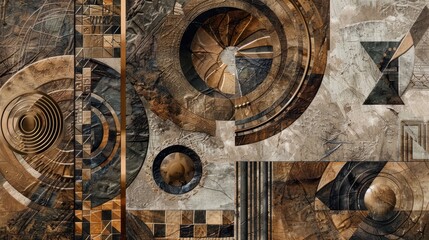 Abstract art composition with a variety of geometric shapes, textures, and patterns. The predominant colors are shades of brown, gold, and black
