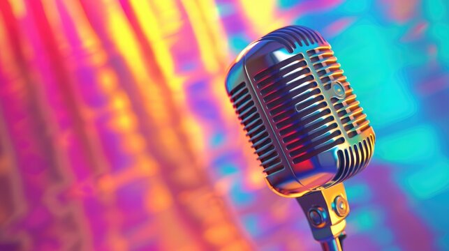 A 3D rendering showcases a vintage radio station microphone featuring a Radio Day sign against a vibrant multicolored backdrop to capture the essence of World Radio Day - Powered by Adobe