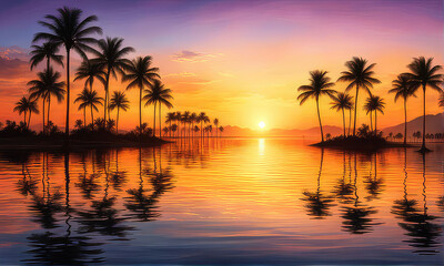 Obraz premium silhouette of palm trees against a summer sunset background