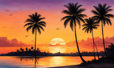 silhouette of palm trees against a summer sunset background