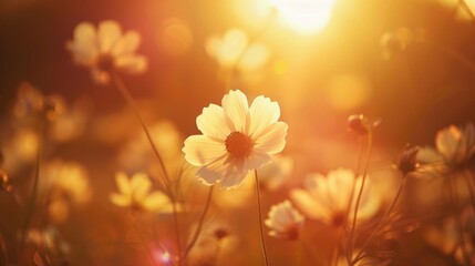 Silhouetted flowers in vintage sunset light with copy space blurred focus