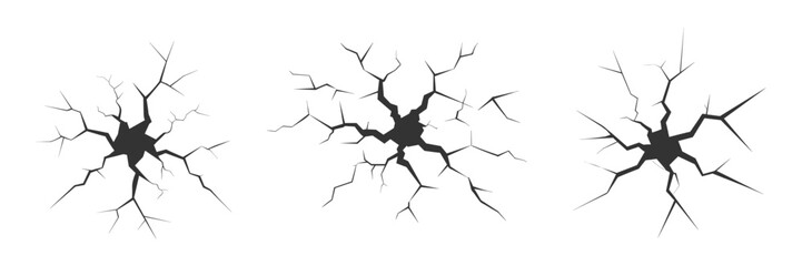 Set of cracks. Crevice, fissure, collapse, holes on stone ground, black crack collection isolated on white.