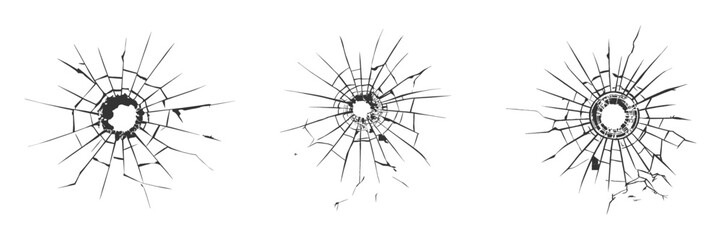 Cracked glass. Broken window, broken glass surface and broken glass texture silhouette. Set of vector illustrations isolated.