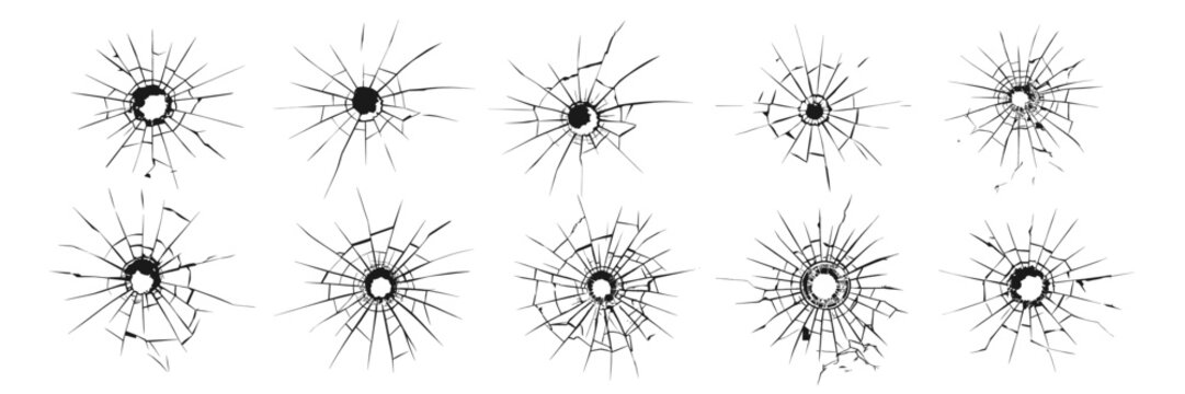 Cracked glass. Broken window, broken glass surface and broken glass texture silhouette. Set of vector illustrations isolated.