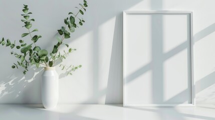 Mockup frame in white room with eucalyptus vase