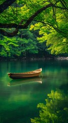  A lone wooden boat floats gently on lake with arching green trees