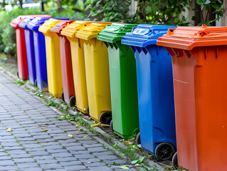 Row of colorful recycling bins lined up along a cobblestone pathway, surrounded by green foliage.