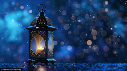 3d jumma eid mubarak ramadan lantern blue islamic background with islamic frame.
