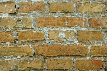 The surface is made of old red brick. A wall of old historical buildings made of broken bricks and collapsed plaster. A clean background for the design.