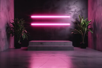 A room with pink walls and neon lights