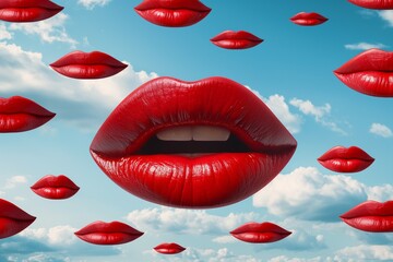 Surreal image of multiple red lips with different sizes floating in a clear blue sky with fluffy clouds.