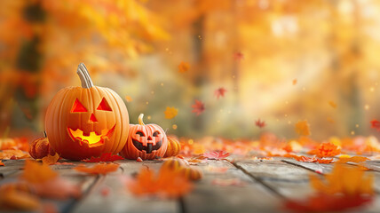 Halloween pumpkins with forest and copy space
