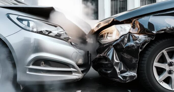 car accident. closeup of frontal crash of two cars. burning engine with smoke