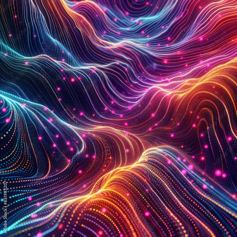 Poster vibrant neon light waves in blue, pink, and orange flow seamlessly across a black background. this a