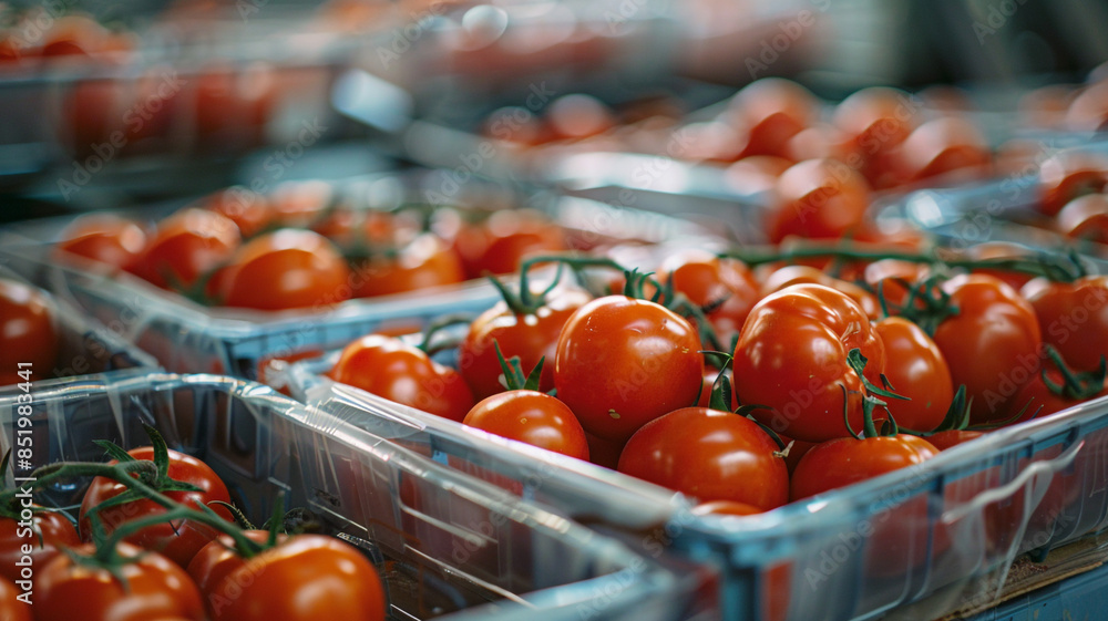 Poster tomatoes in plastic crates on table in store