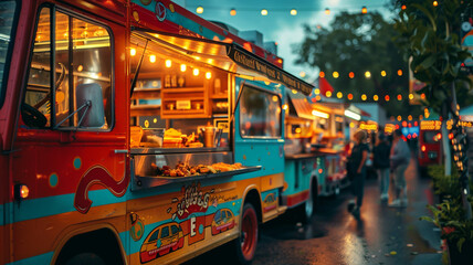 Colorful food van on rainy road at night