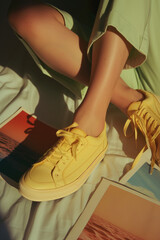A woman sits on a bed, looking at photographs while wearing yellow lace sneakers.