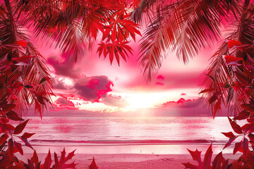 Palm trees with red leaves against a neon pink sky, sea and sunset in 80s pop art style